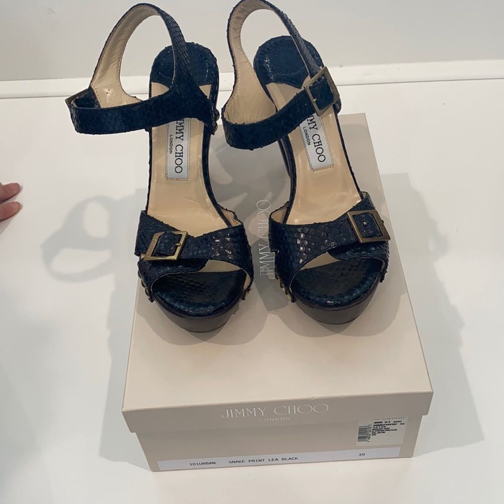 Jimmy Choo heels.  Black snakeskin scrappy sandals.
